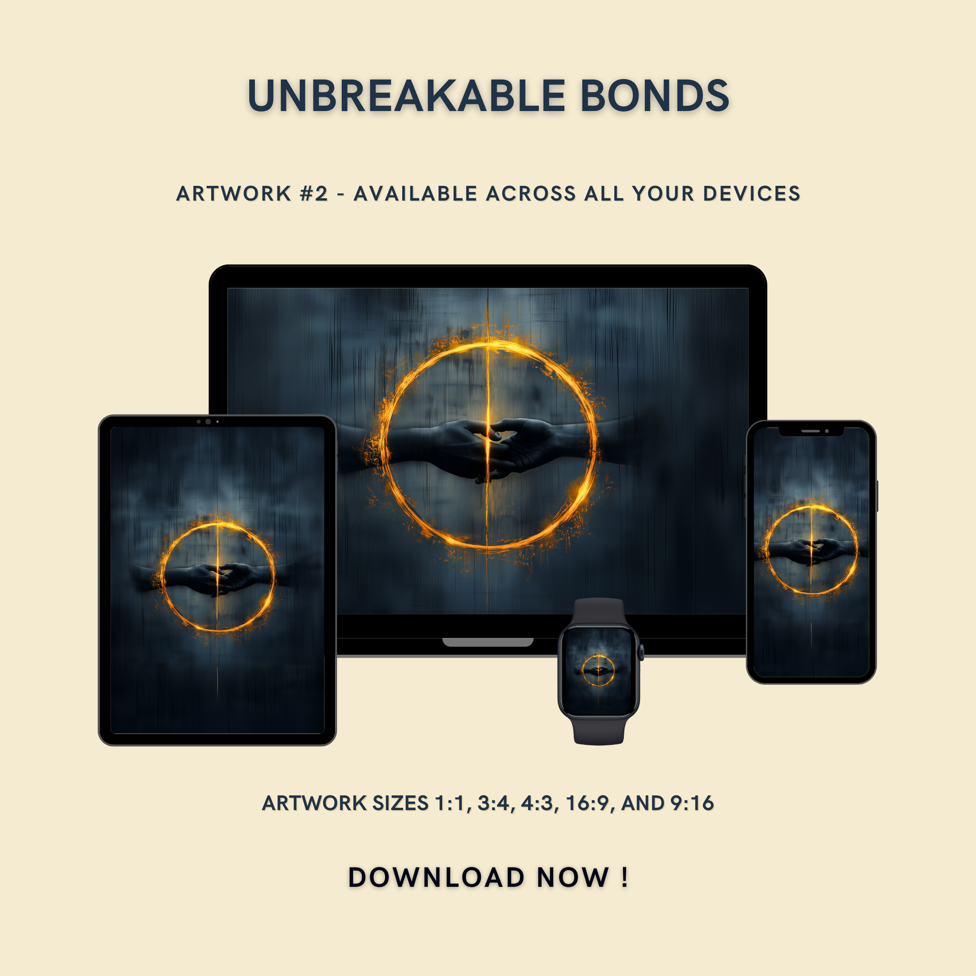 Unbreakable Bonds Artwork #2 displayed on multiple devices including tablet, laptop, smartphone, and smartwatch, available in five sizes.