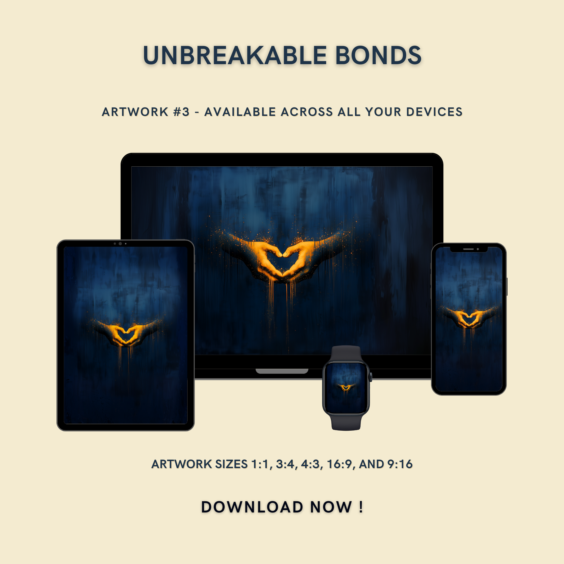 Unbreakable Bonds Artwork #3 displayed on multiple devices including tablet, laptop, smartphone, and smartwatch, available in five sizes.