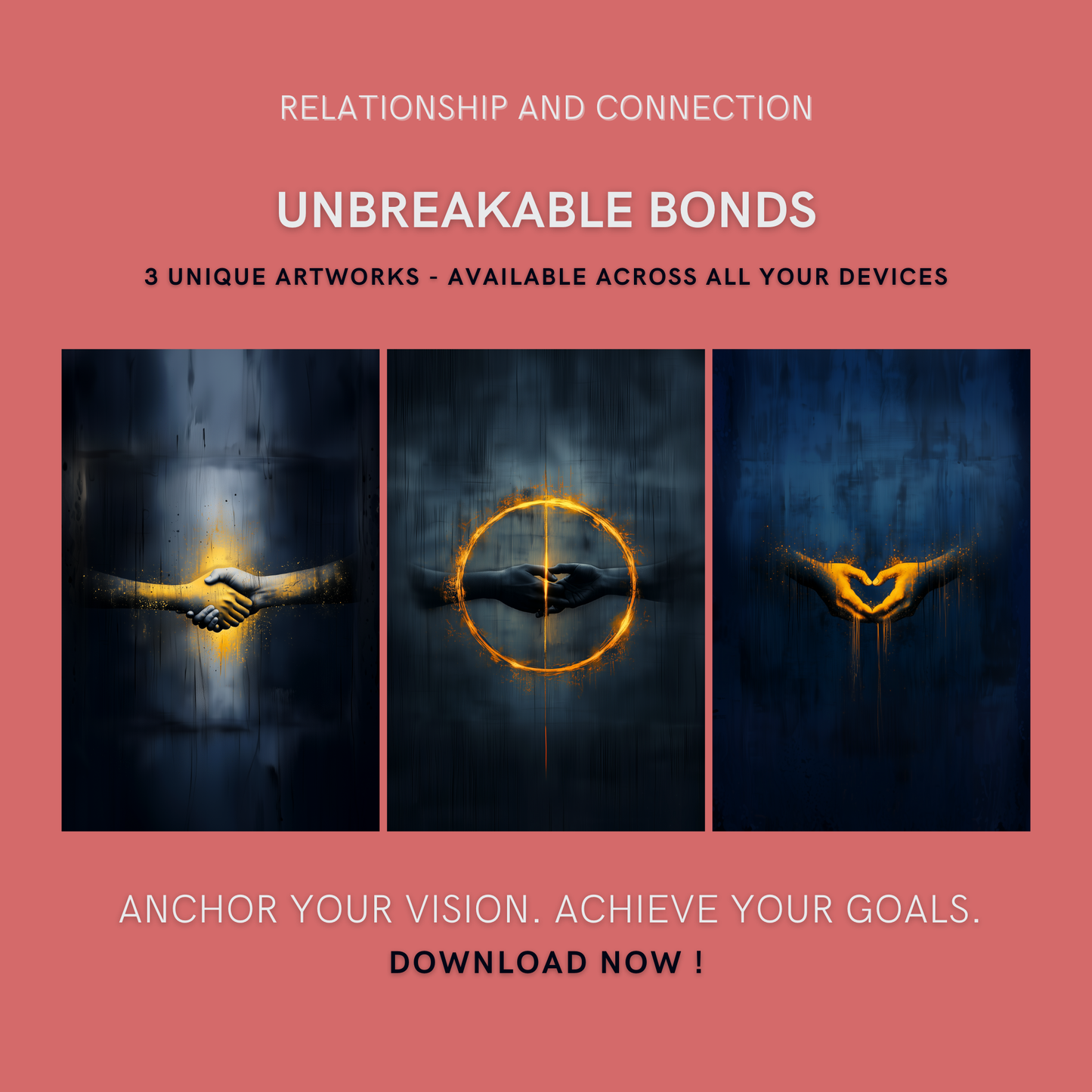 Unbreakable Bonds Bundle cover image showing three unique artworks depicting connection and unity through illuminated hand gestures, perfect for symbolizing strong relationships and trust.