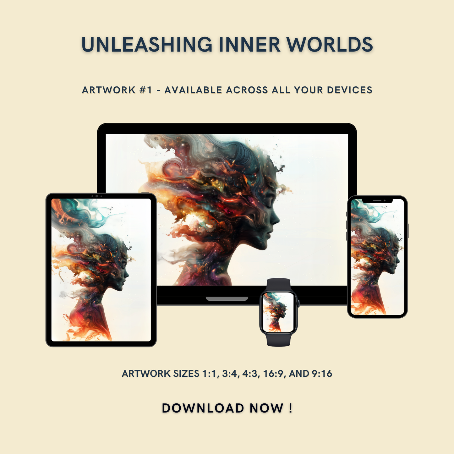 Unleashing Inner Worlds Artwork #1 displayed on multiple devices including tablet, laptop, smartphone, and smartwatch, available in five sizes.