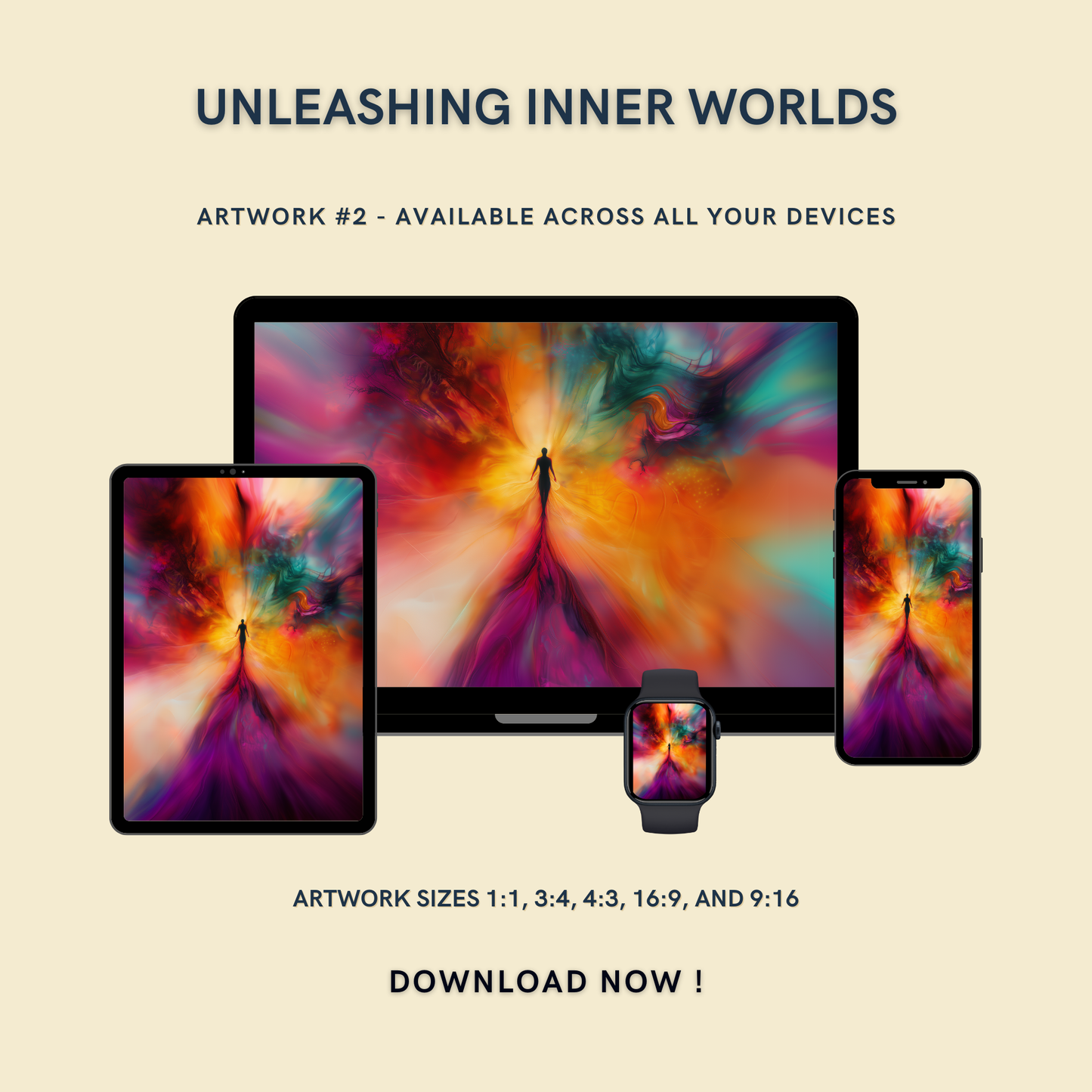 Unleashing Inner Worlds Artwork #2 displayed on multiple devices including tablet, laptop, smartphone, and smartwatch, available in five sizes.