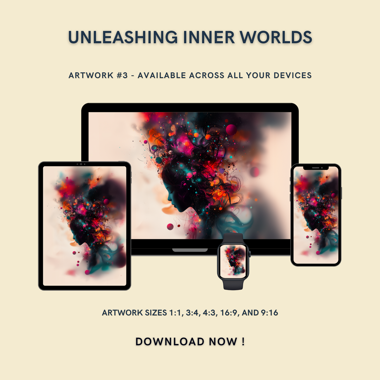 Unleashing Inner Worlds Artwork #3 displayed on multiple devices including tablet, laptop, smartphone, and smartwatch, available in five sizes.