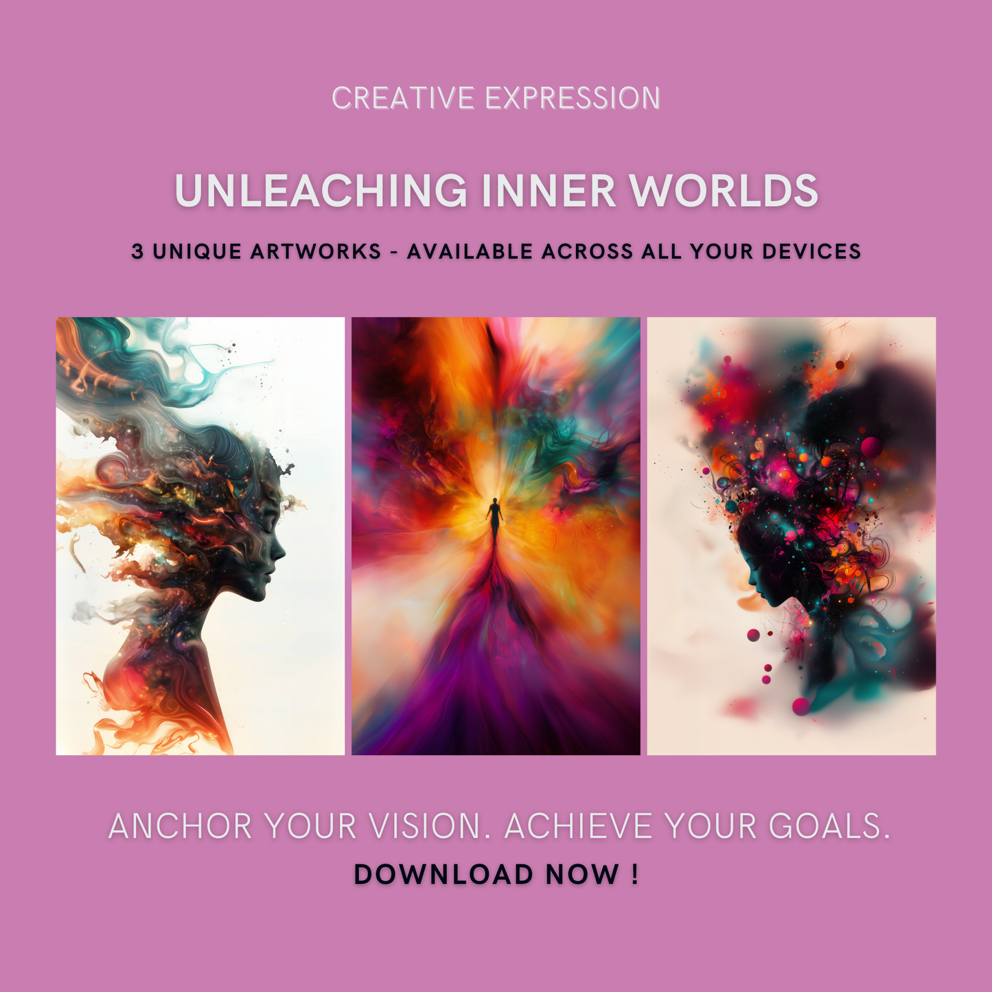 Unleashing Inner Worlds Bundle cover image showing three unique artworks symbolizing self-reflection, personal transformation, and creativity.