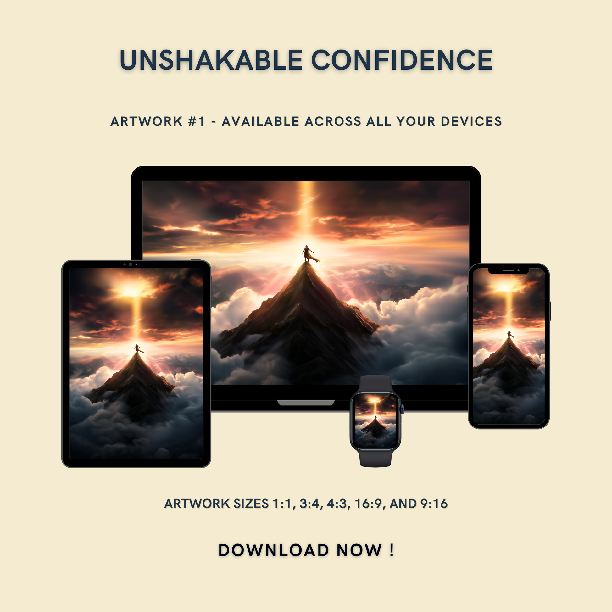 Unshakable Confidence Artwork #1 displayed on multiple devices including tablet, laptop, smartphone, and smartwatch, available in five sizes.