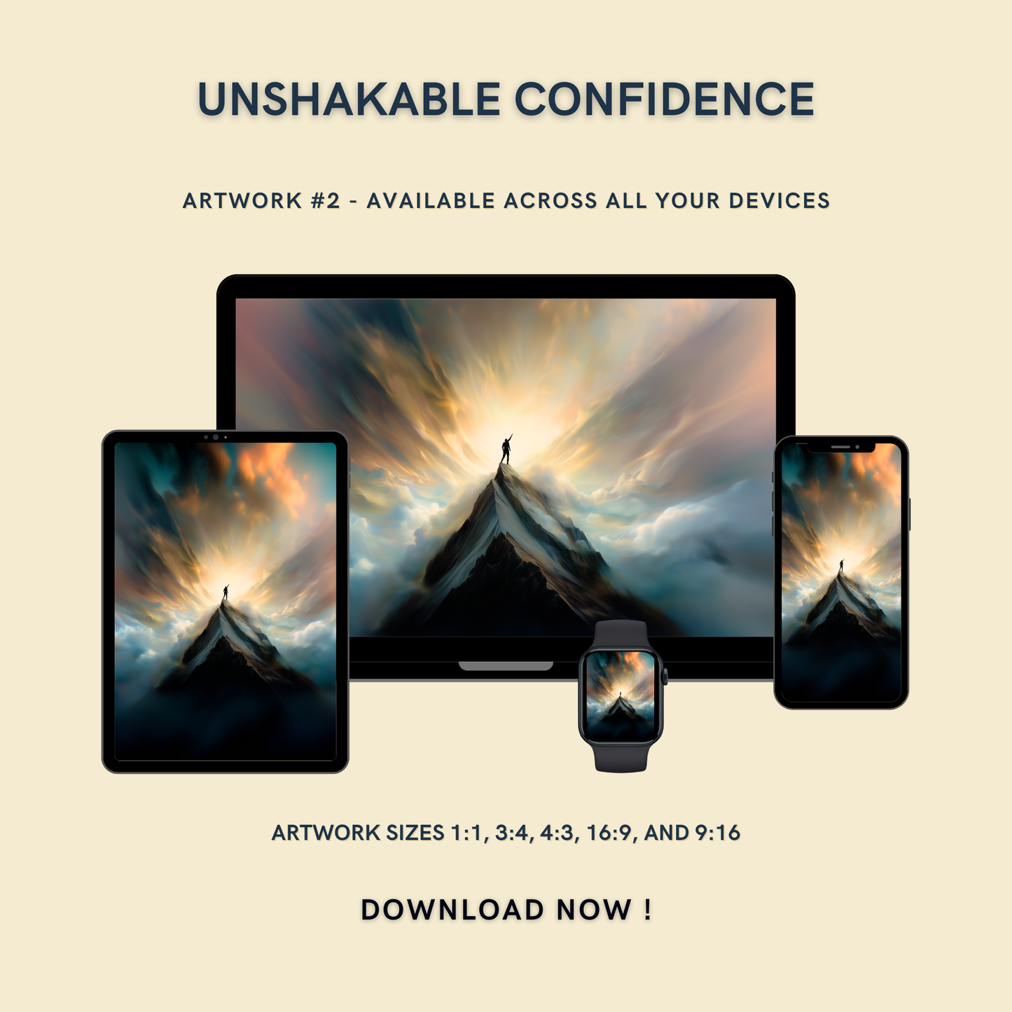 Unshakable Confidence Artwork #2 displayed on multiple devices including tablet, laptop, smartphone, and smartwatch, available in five sizes.