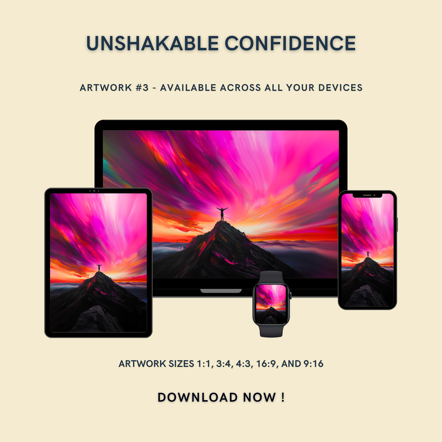 Unshakable Confidence Artwork #3 displayed on multiple devices including tablet, laptop, smartphone, and smartwatch, available in five sizes.