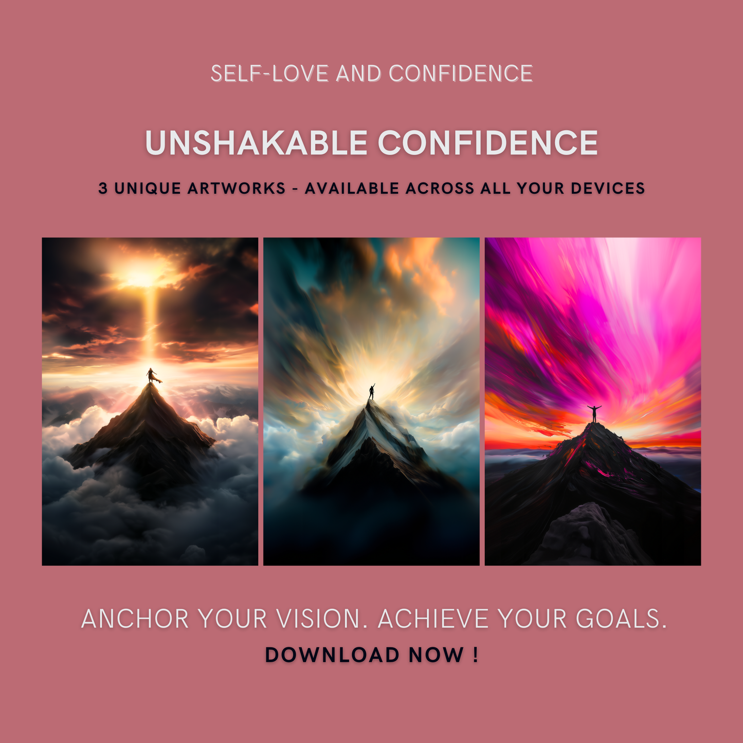 Unshakable Confidence Bundle cover image showing three unique mountain-peak artworks for Self-Love and Confidence.