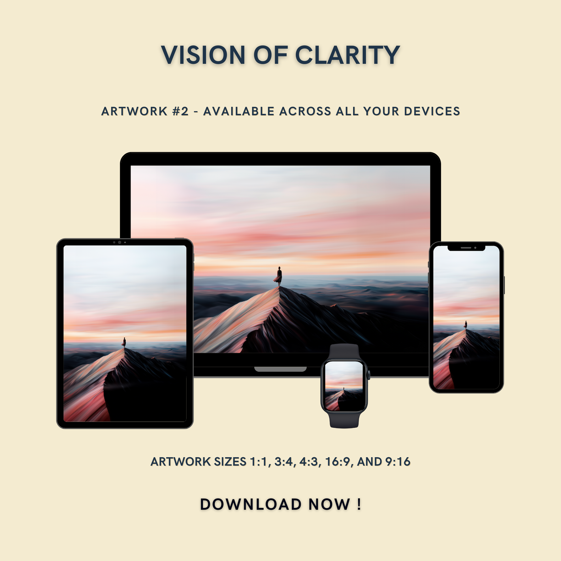 Vision of Clarity Artwork #2 displayed on multiple devices including tablet, laptop, smartphone, and smartwatch, available in five sizes.