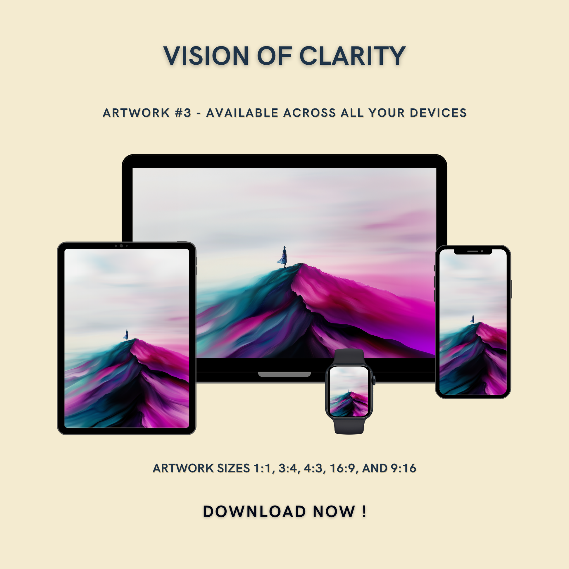 Vision of Clarity Artwork #3 displayed on multiple devices including tablet, laptop, smartphone, and smartwatch, available in five sizes.