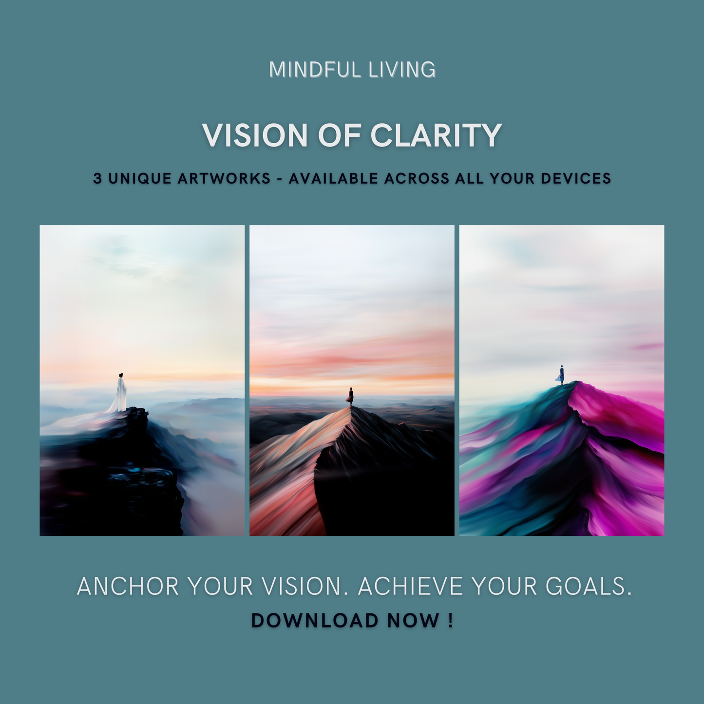 Vision of Clarity Bundle cover image showing three unique mountaintop artworks for personal growth and clarity.