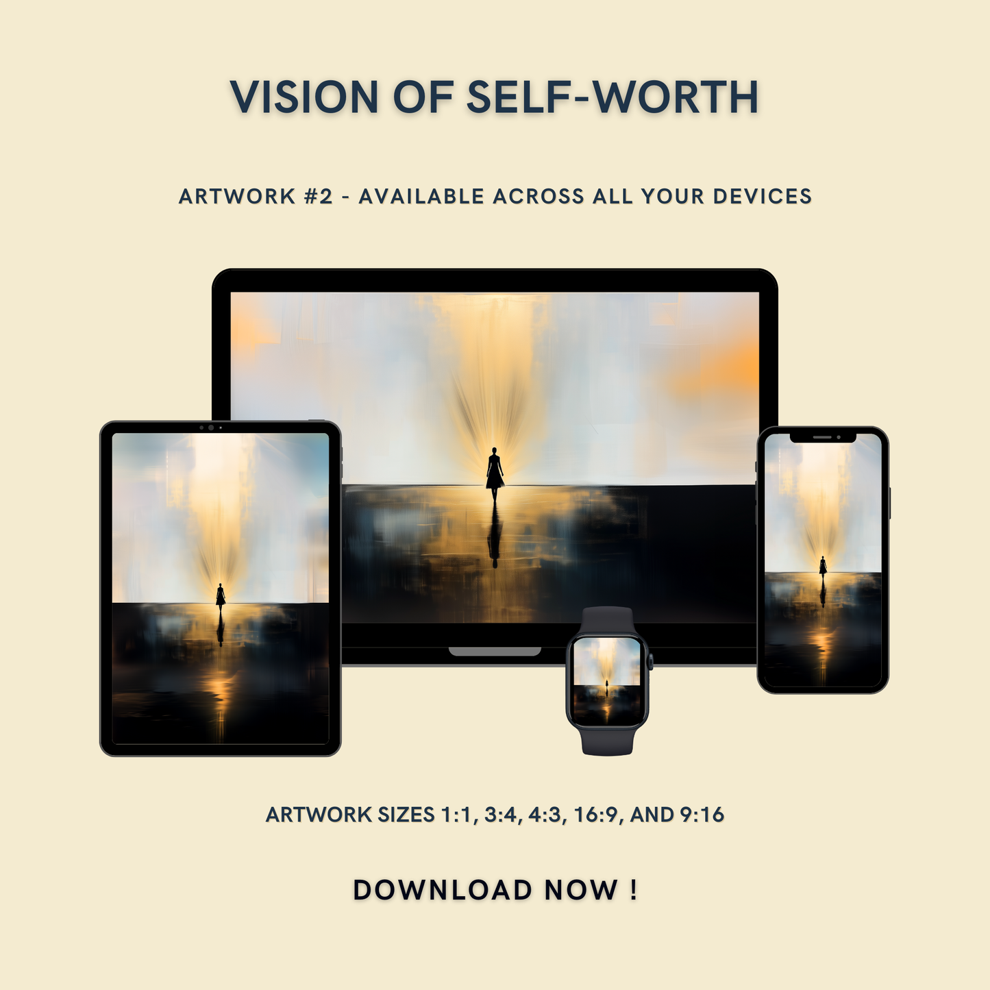 Vision of Self-Worth Artwork #2 displayed on multiple devices including tablet, laptop, smartphone, and smartwatch, available in five sizes.