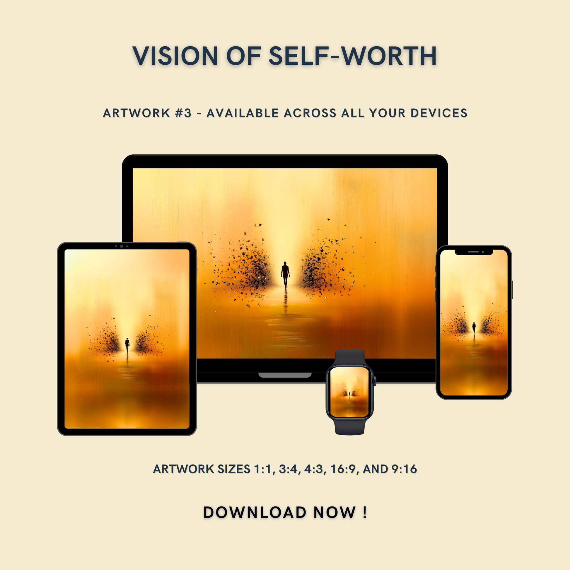 Vision of Self-Worth Artwork #3 displayed on multiple devices including tablet, laptop, smartphone, and smartwatch, available in five sizes.