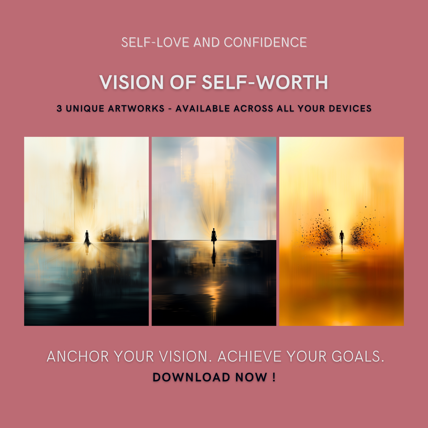 Vision of Self-Worth Bundle cover image showing three radiant, self-reflective artworks for the Self-Love and Confidence Collection.