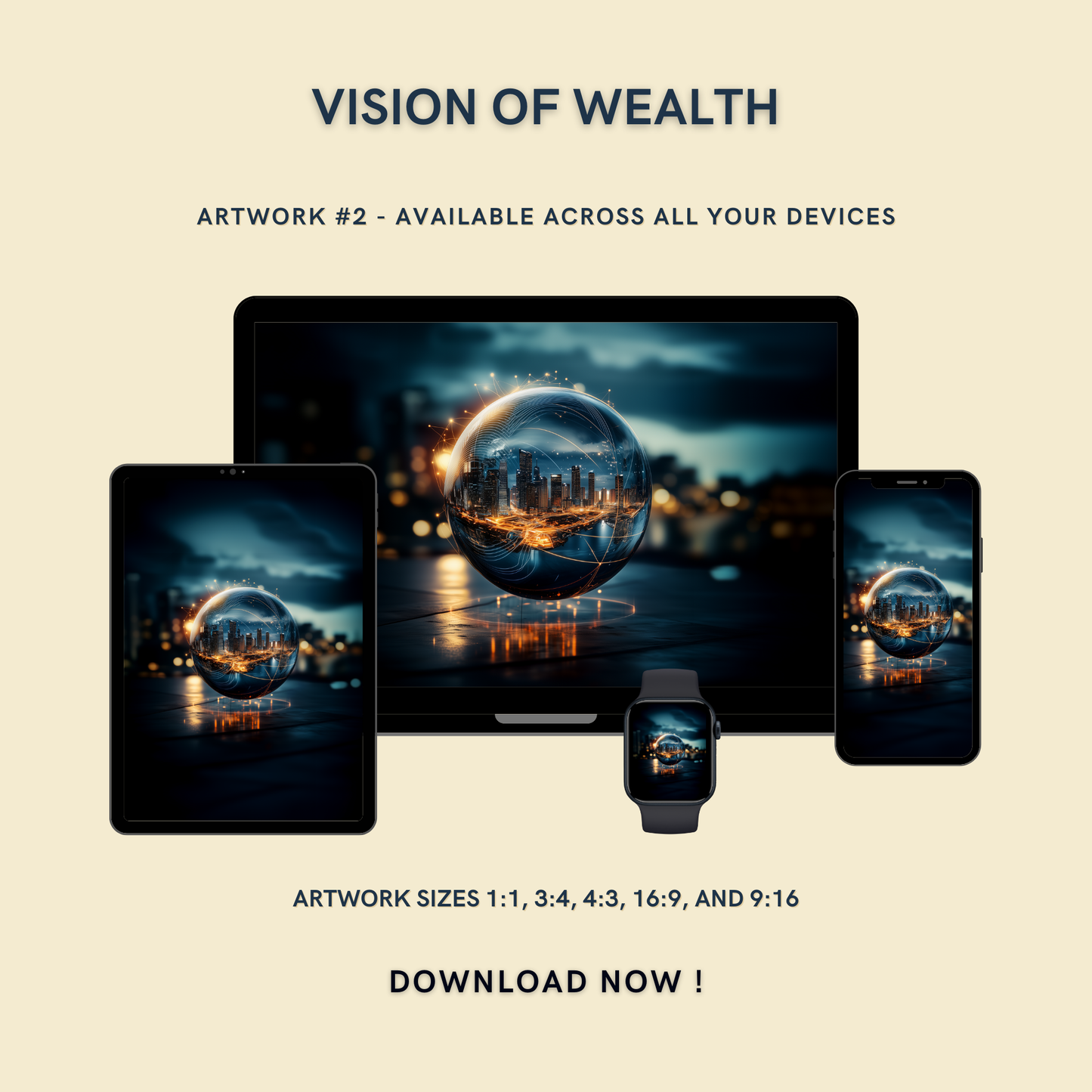 Vision of Wealth Artwork #2 displayed on multiple devices including tablet, laptop, smartphone, and smartwatch, available in five sizes.