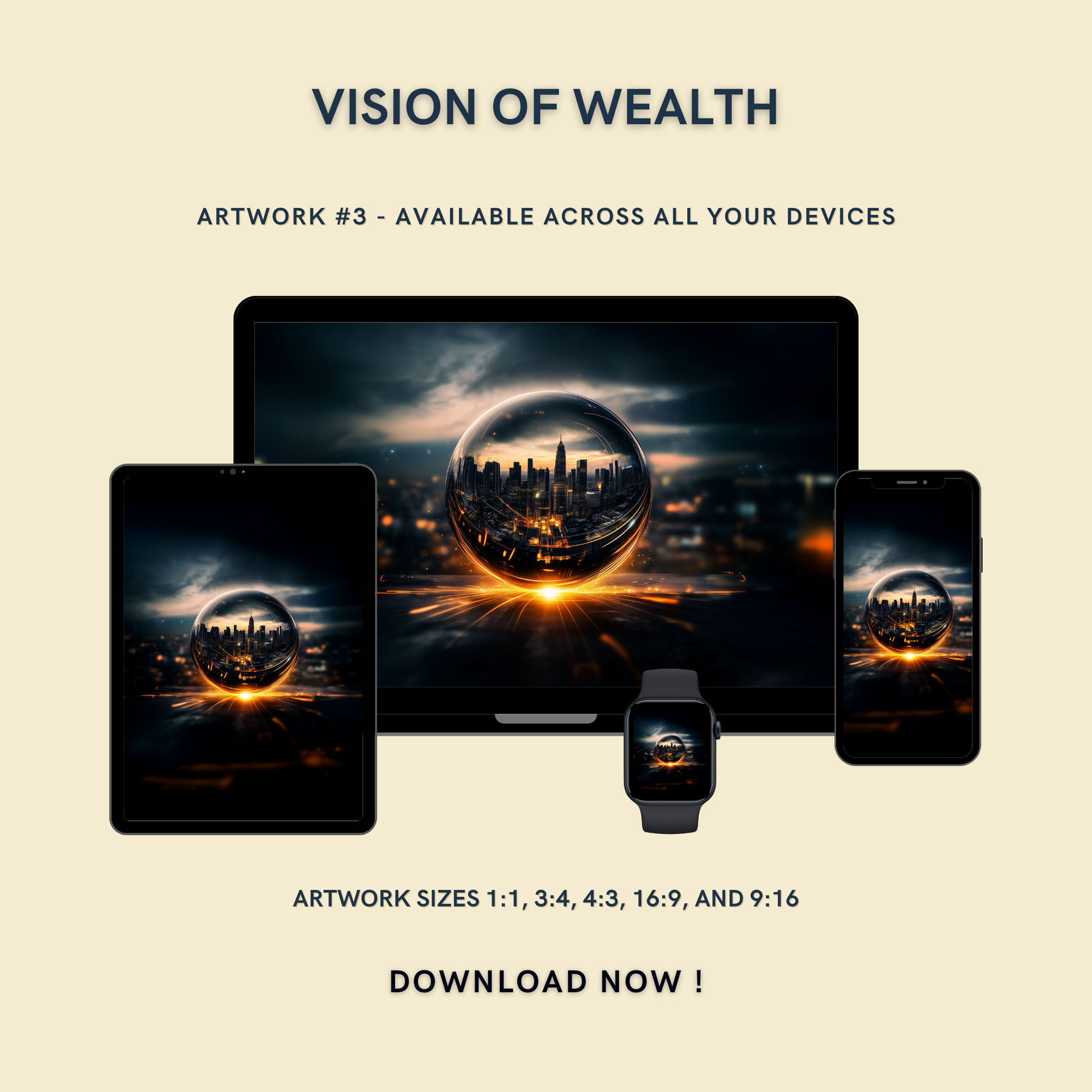 Vision of Wealth Artwork #3 displayed on multiple devices including tablet, laptop, smartphone, and smartwatch, available in five sizes.