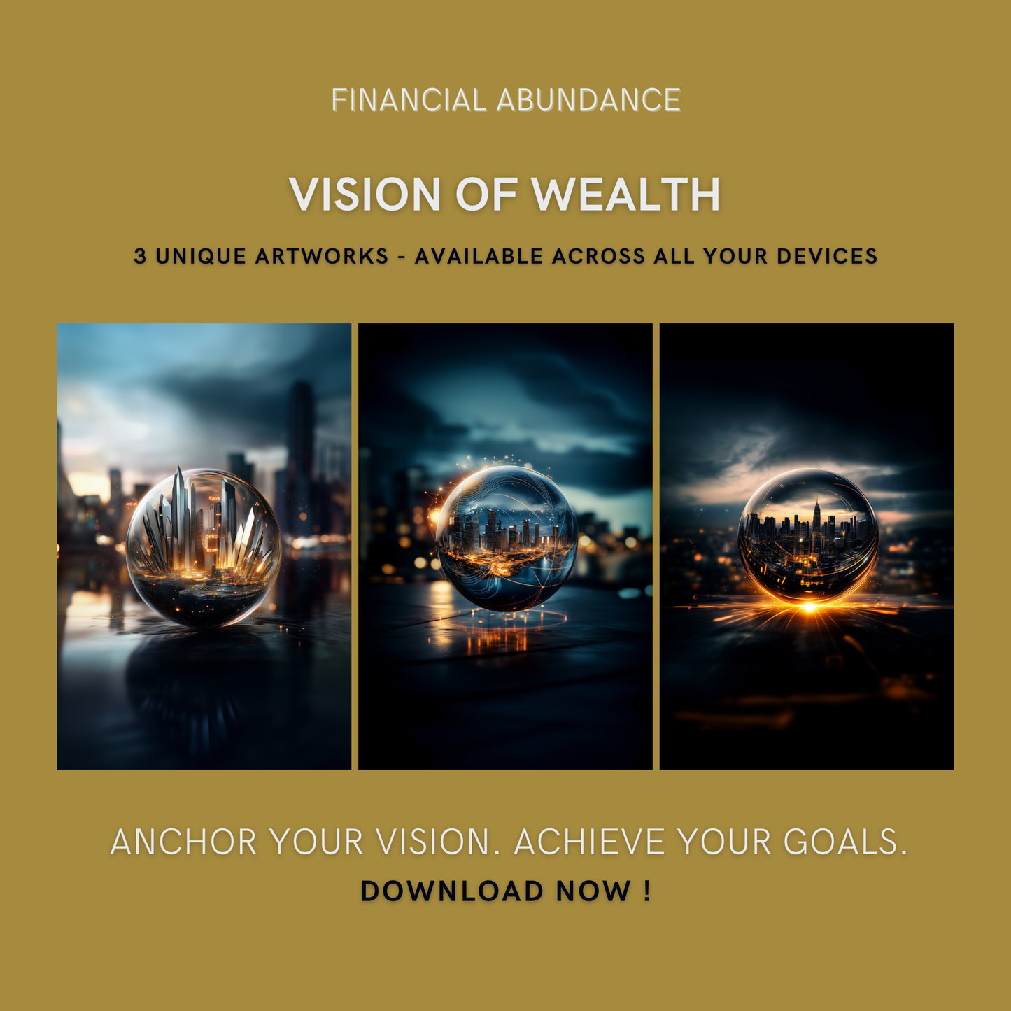 Vision of Wealth Bundle cover image showing three unique cityscape-in-sphere artworks for financial growth and prosperity.