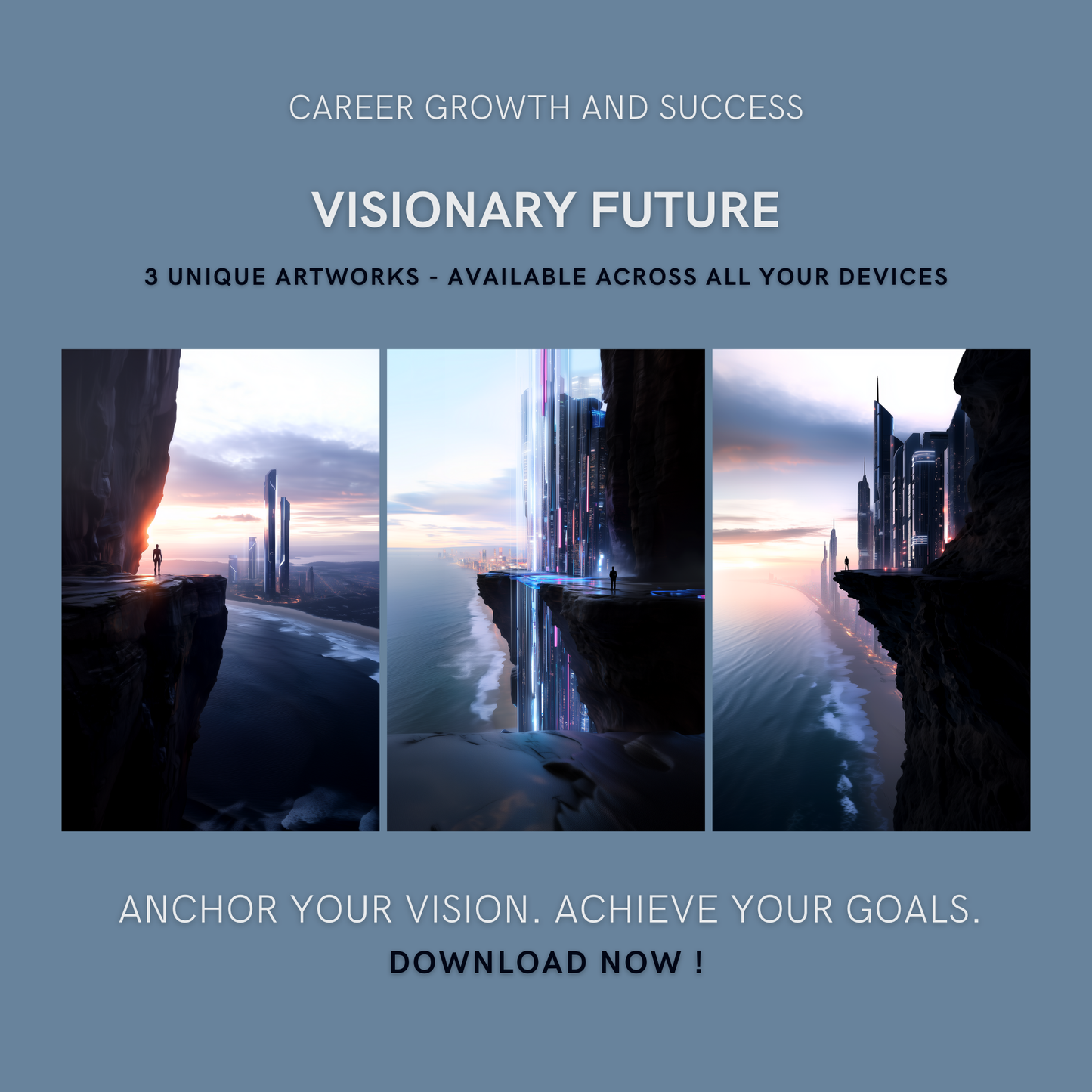 Visionary Future Bundle cover image showing three unique futuristic cliff-edge artworks for career growth and success.