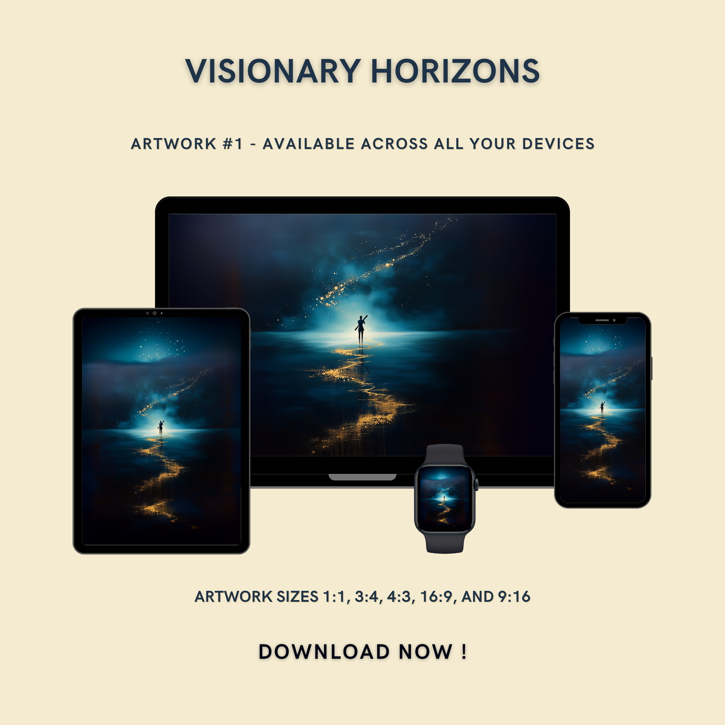 Visionary Horizons Artwork #1 displayed on multiple devices including tablet, laptop, smartphone, and smartwatch, available in five sizes.