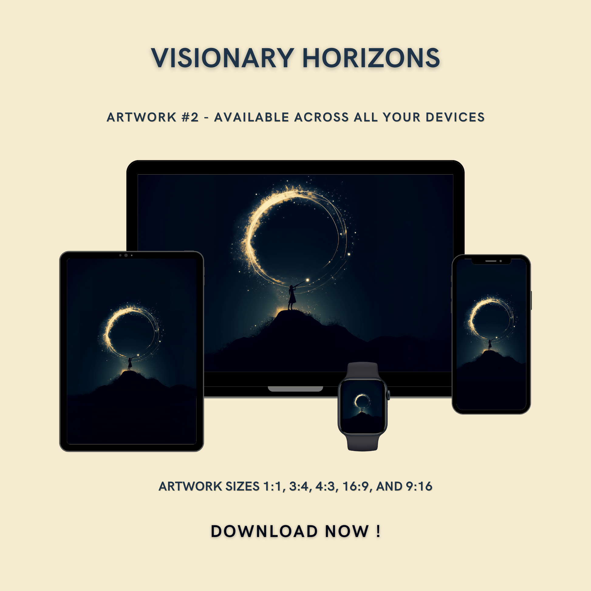 Visionary Horizons Artwork #2 displayed on multiple devices including tablet, laptop, smartphone, and smartwatch, available in five sizes.