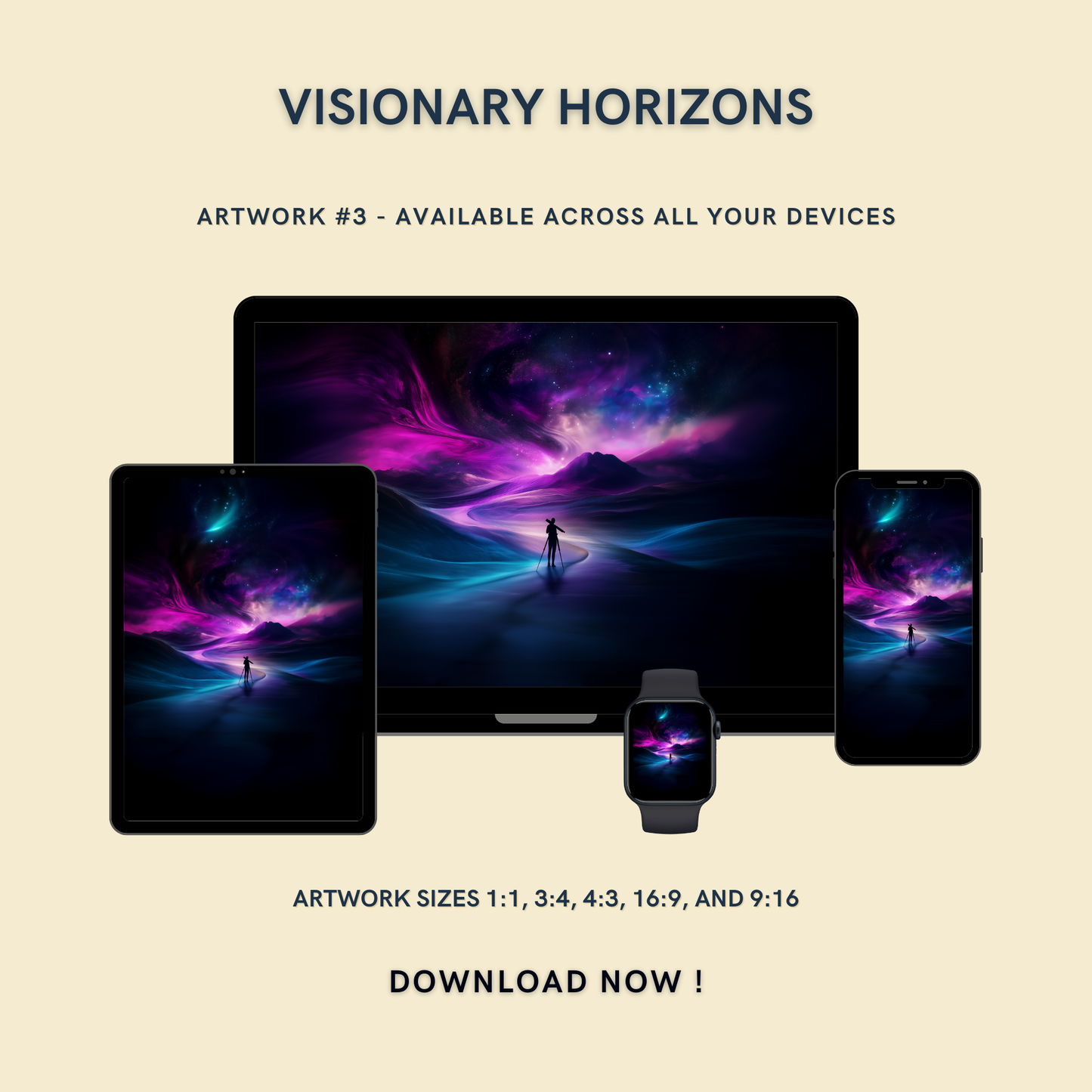 Visionary Horizons Artwork #3 displayed on multiple devices including tablet, laptop, smartphone, and smartwatch, available in five sizes.