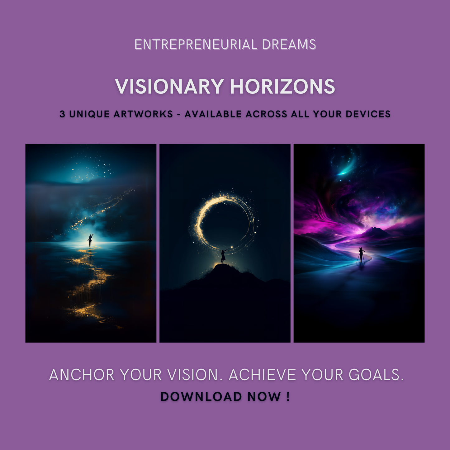 Visionary Horizons Bundle cover image showing three unique cosmic exploration artworks for personal discovery and limitless ambition.