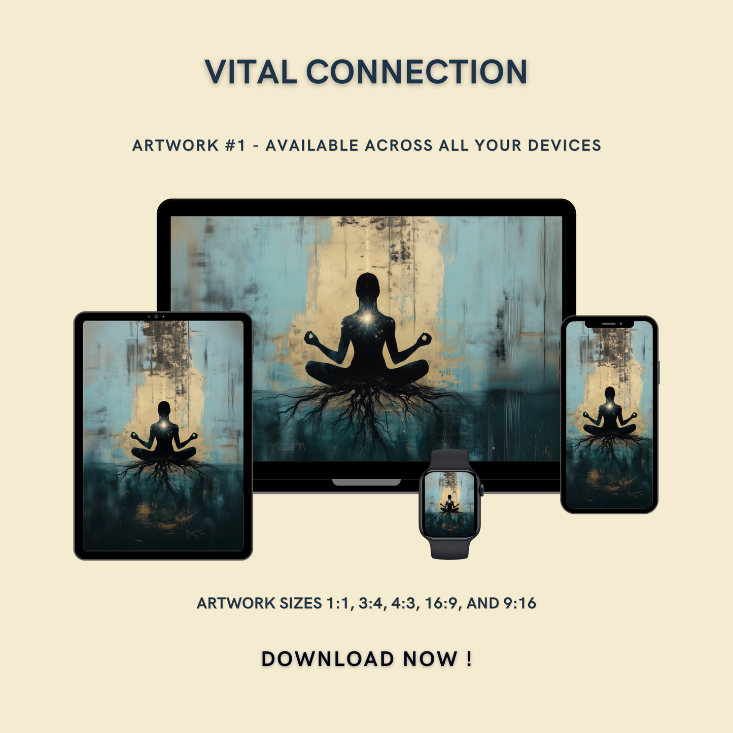 Vital Connection Artwork #1 displayed on multiple devices including tablet, laptop, smartphone, and smartwatch, available in five sizes.