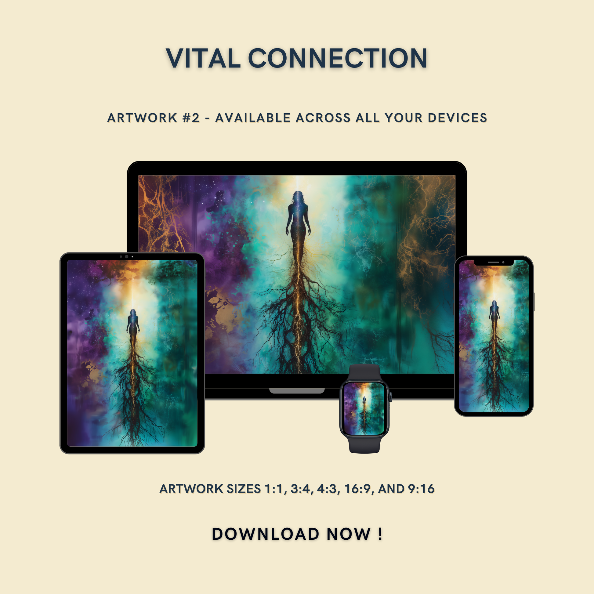 Vital Connection Artwork #2 displayed on multiple devices including tablet, laptop, smartphone, and smartwatch, available in five sizes.