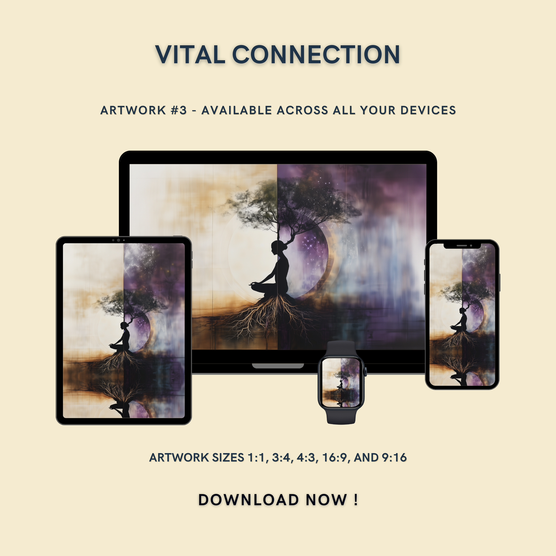 Vital Connection Artwork #3 displayed on multiple devices including tablet, laptop, smartphone, and smartwatch, available in five sizes.