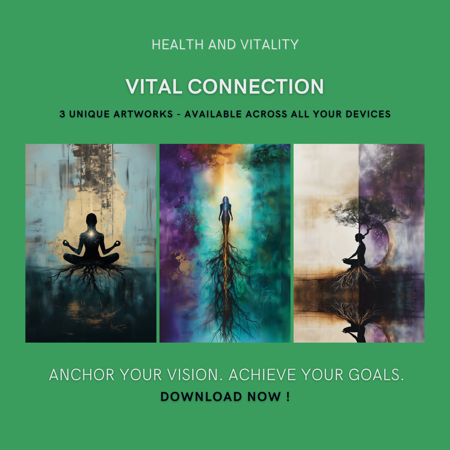 Vital Connection Bundle cover image showing three unique artworks for grounding, growth, and cosmic harmony.