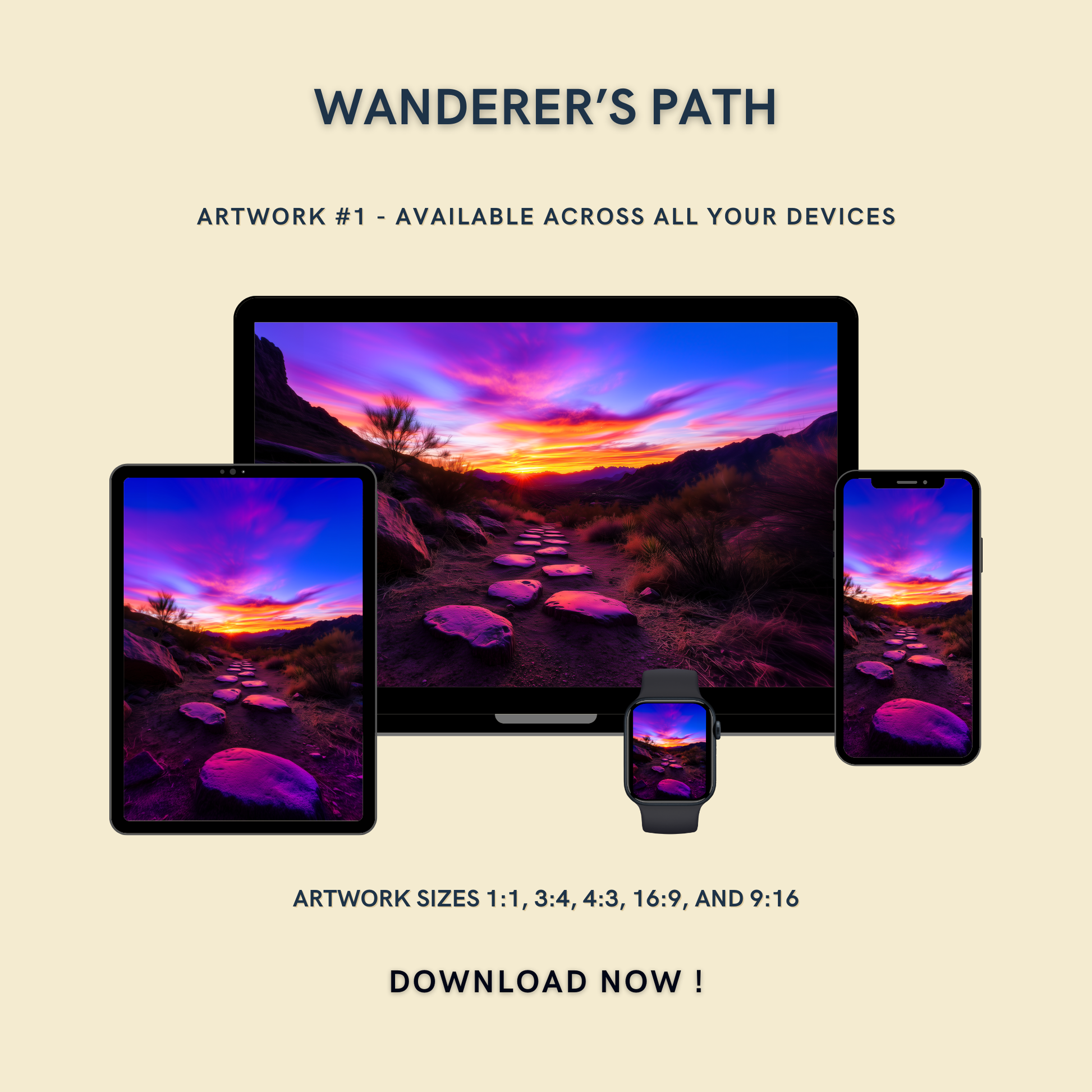 Wanderer's Path Artwork #1 displayed on multiple devices including tablet, laptop, smartphone, and smartwatch, available in five sizes.