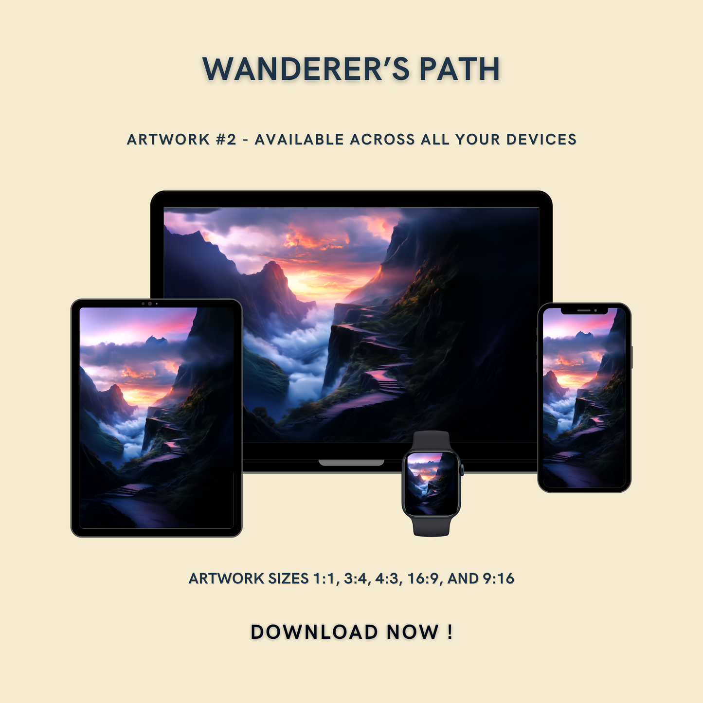 Wanderer's Path Artwork #2 displayed on multiple devices including tablet, laptop, smartphone, and smartwatch, available in five sizes.