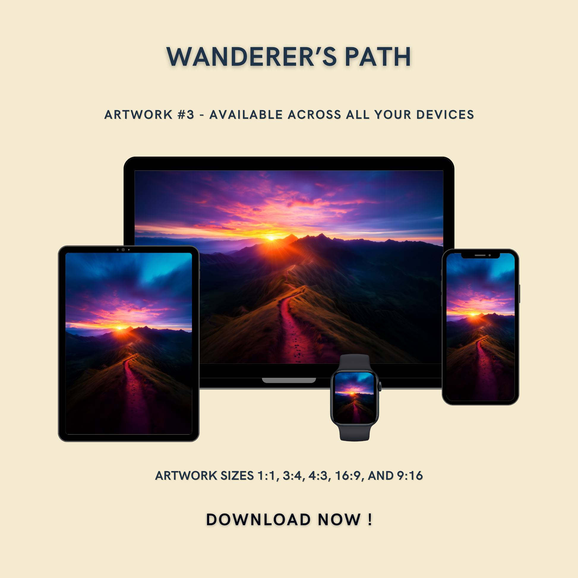 Wanderer's Path Artwork #3 displayed on multiple devices including tablet, laptop, smartphone, and smartwatch, available in five sizes.